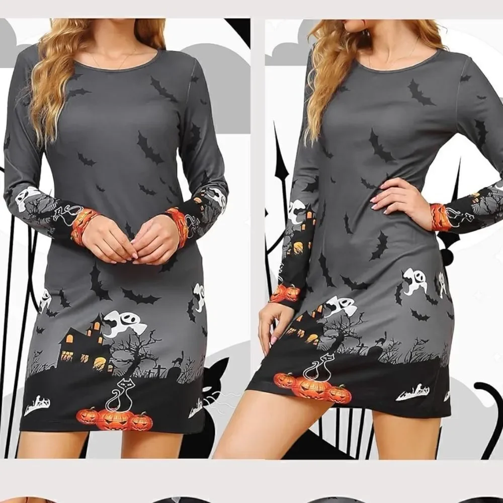 NWT Women’s Gray Long Sleeve Halloween Bats Dress - Size XXL - Runs Small